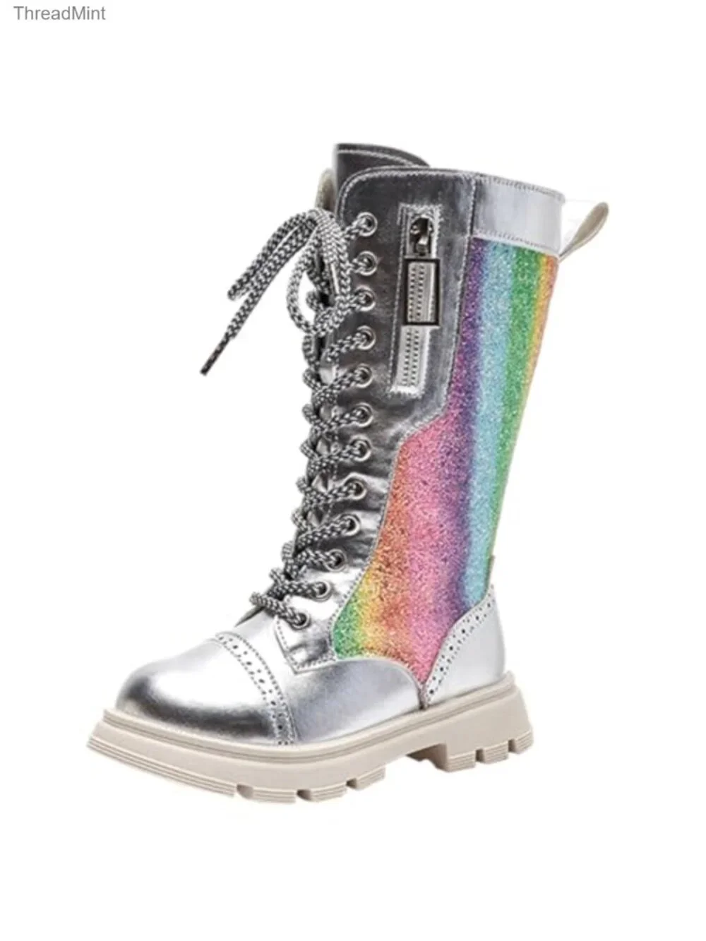 Girls Faux Leather Knee High Combat Boots Sparkly Rainbow Winter Lace Up Side